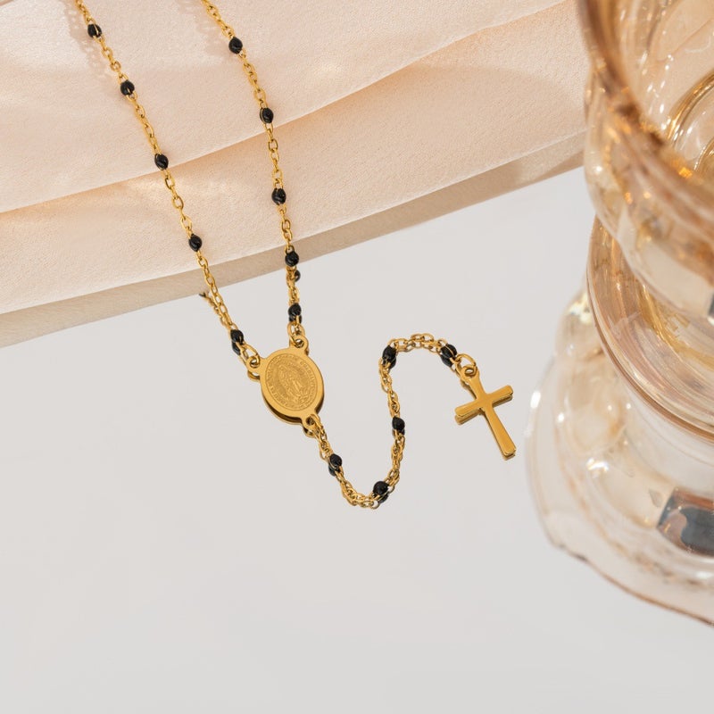 Explosions Titanium Steel Madonna Cross Stainless Steel Dropping Oil Bead Necklace Steel Color Bead Chain Ethnic Style - Image 1